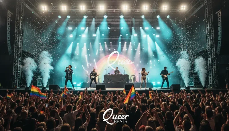 LGBTQ artists performing on a major festival stage with vibrant pride lighting