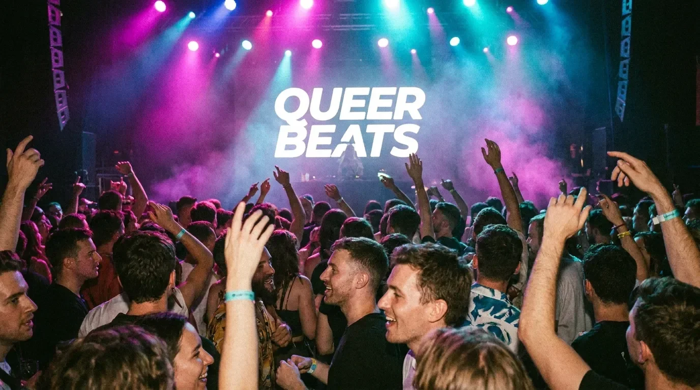 Vibrant LGBTQ concert crowd under dynamic stage lights